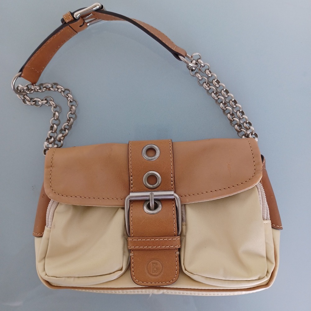 Bogner Tan Nylon Leather Buckle Baguette Shoulder Bag Silver Chain Strap Y2K